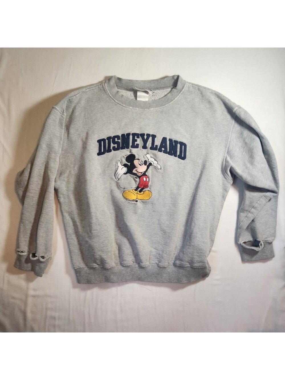 Vintage Disneyland Mickey Mouse Distressed Sweatshirt Gray Embroidered Medium